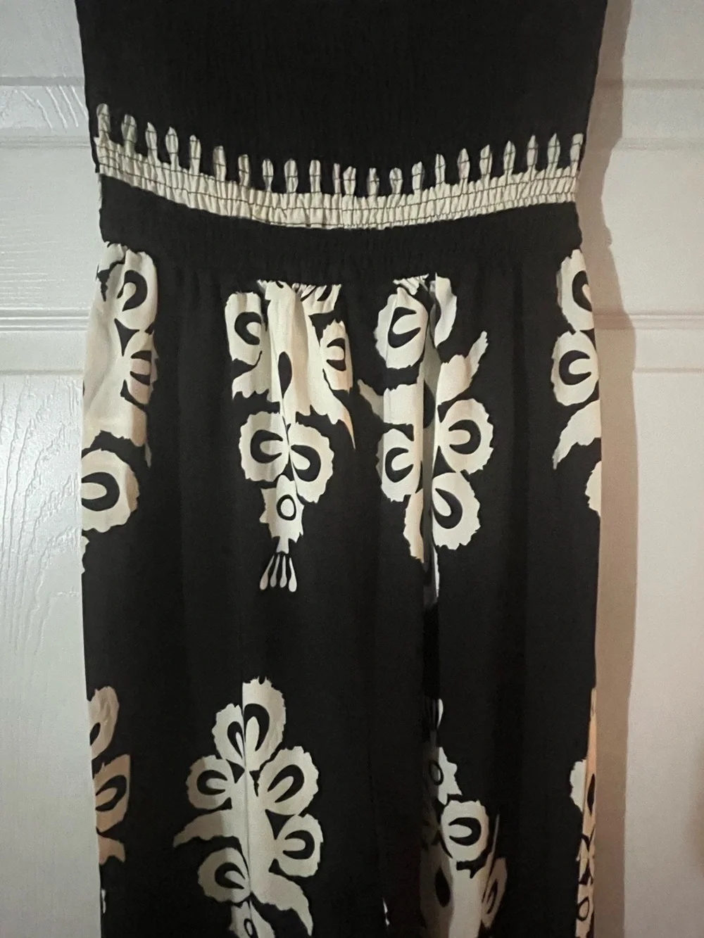 Strapless Black and Cream Patterned Wide-Leg Jumpsuit